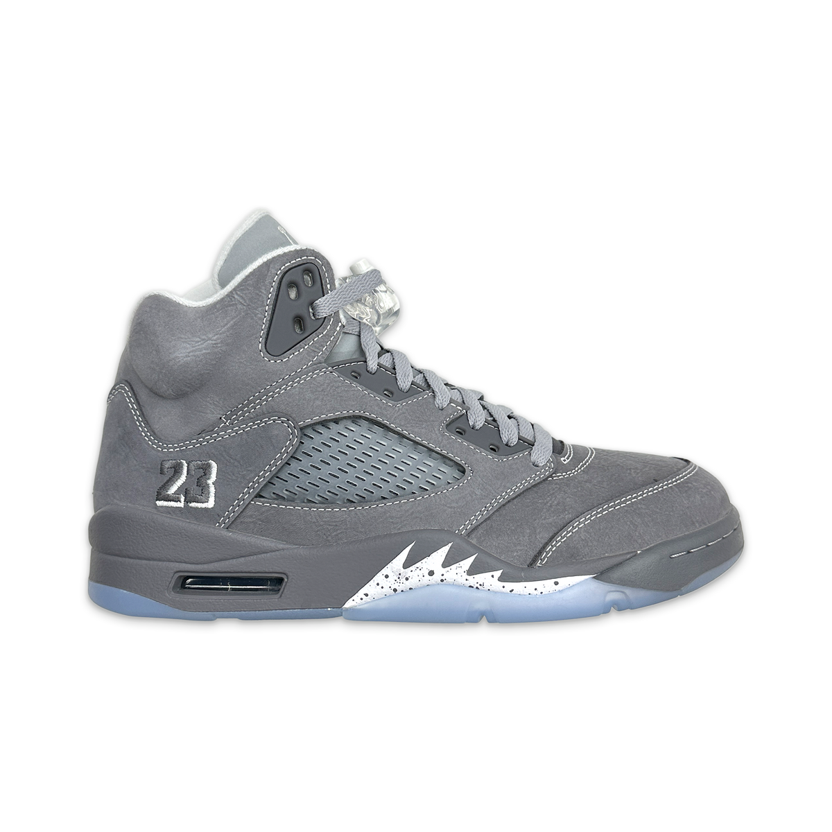 Air Jordan 5 Retro Wolf Grey high-top sneakers, gray upper with lace-up and speckled white sole